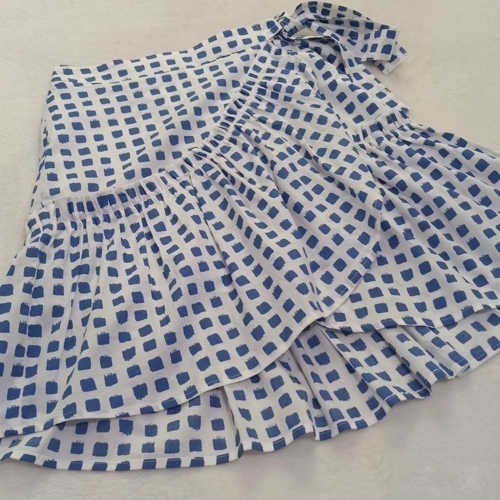 Vineyard Vines Painterly Grid Blue White Faux Wrap Ruffle Mini Skirt